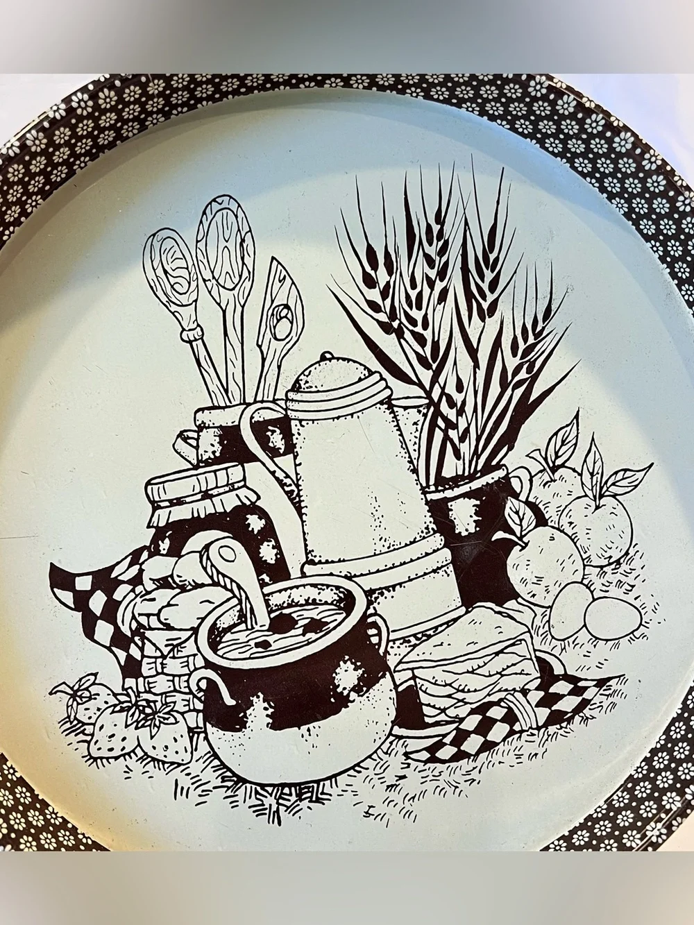 Vintage Hong Kong Metal Tin Tray Round Picnic Scene 12”